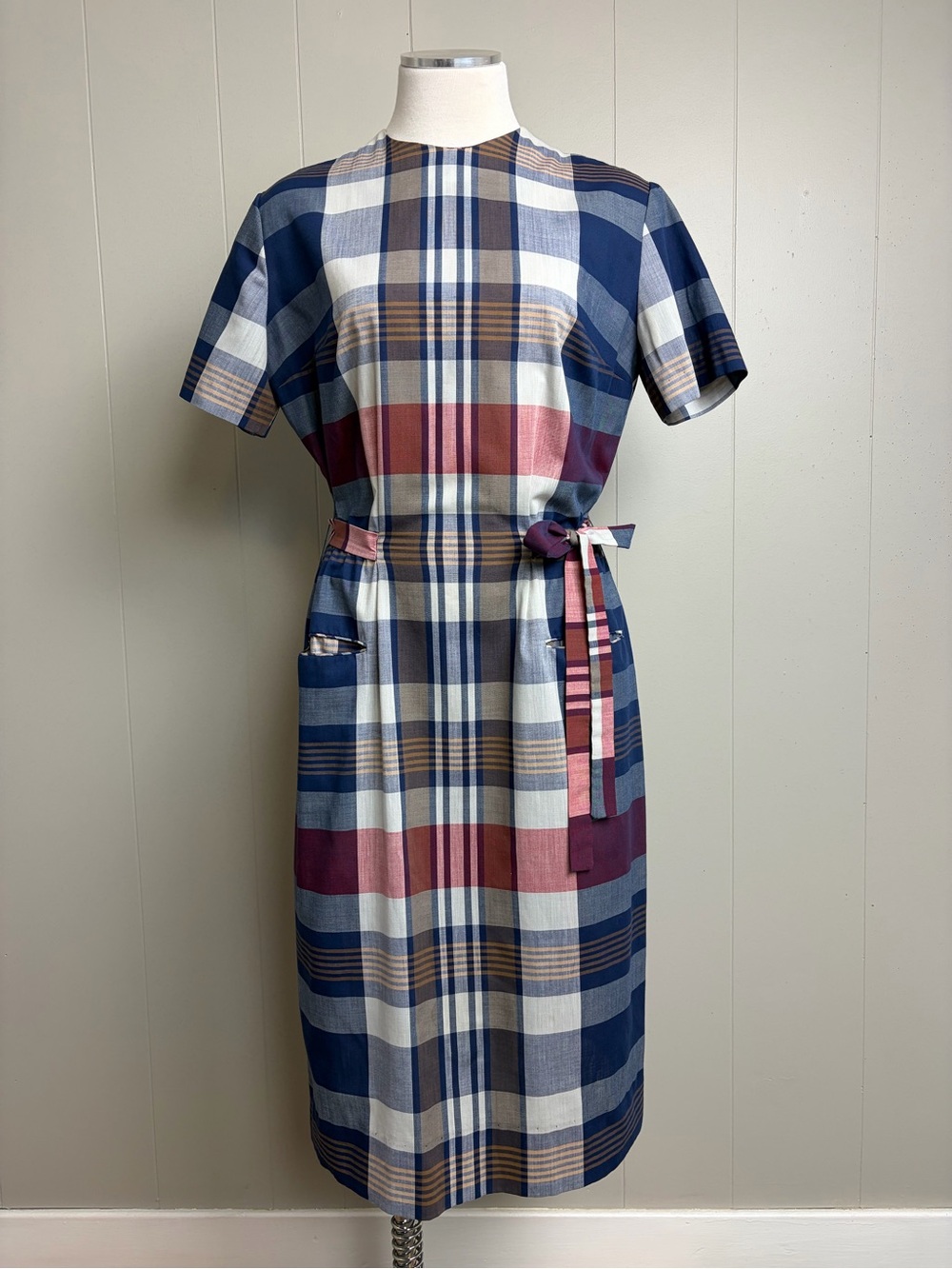 Vintage 60s 70s Nancy Greer New York Plaid Belted Midi Dress Small